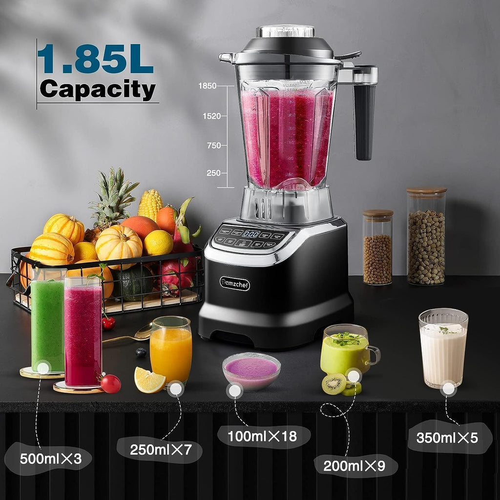 AMZCHEF Frullatore Professionale 2 IN1 con Contenitori da 1850 ml e 600 ml per Due Modalità di Frullatura | Frullatore da Tavolo 2000 Watt con 6 Lame Professionali e 22000 Giri/Min - Grigio Opaco