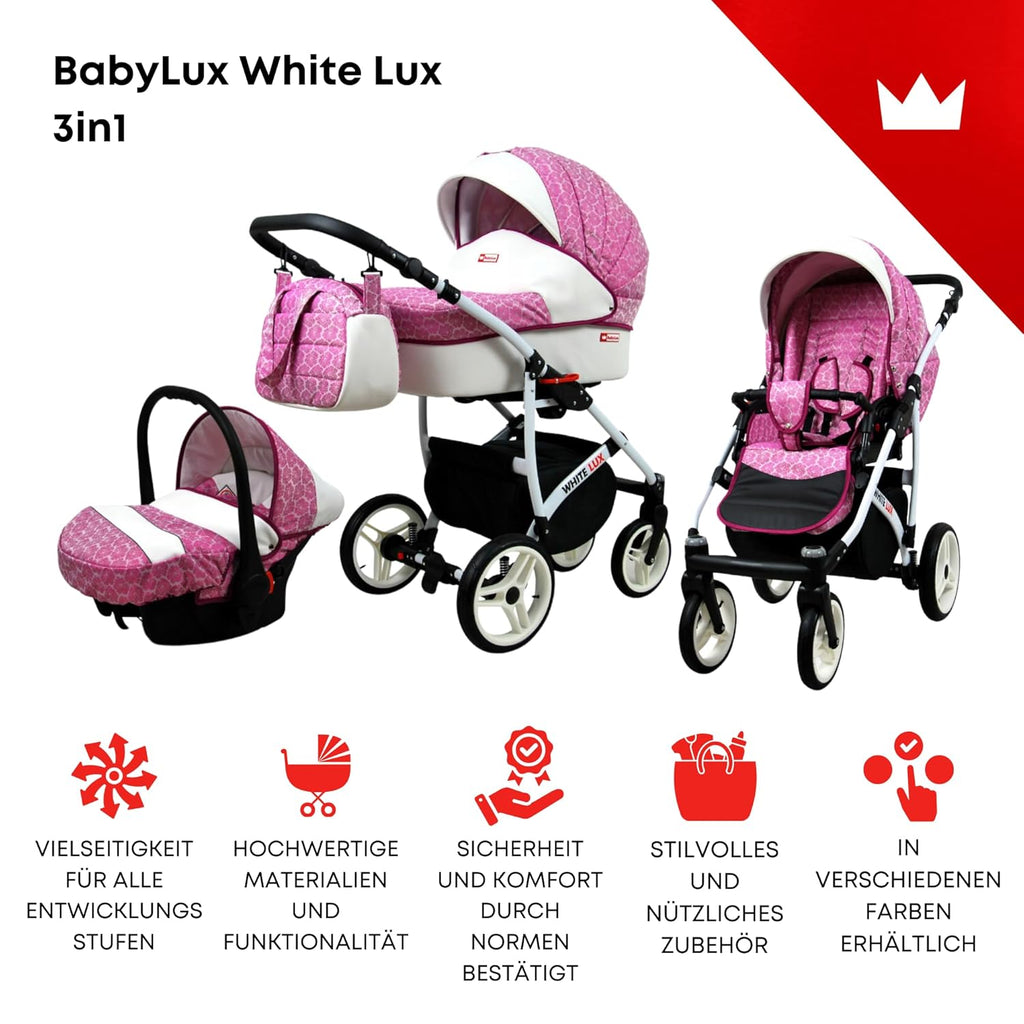 BabyLux® Passeggino Bambimo Set 3 in 1 - White Lux - include Navicella, Seduta Passeggino, Seggiolino Auto Ovetto - Seggiolino Auto - Set Passeggino - Passeggino Combinato con Borsa Fasciatoio, Parapioggia ecc.