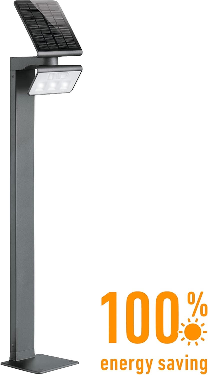 Steinel Lampada solare a LED XSolar GL-S argento, regolabile in altezza, 150 lm, sensore di movimento a 140°, raggio d'azione 5 m, luce di base