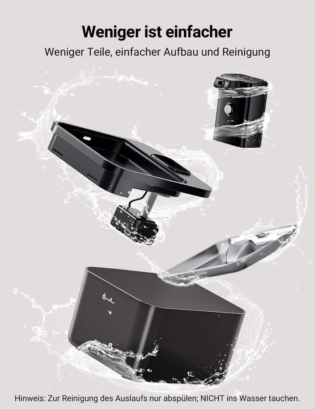 DownyPaws 2.5L Trinkbrunnen für Katze Kabellos, Katzenbrunnen Kabellos mit Bewegungsmelder, Batteriebetrieben Katzentrinkbrunnen, 4000mAh, Leise Wasserpumpe, Tablett aus Edelstahl für Katze, Schwarz