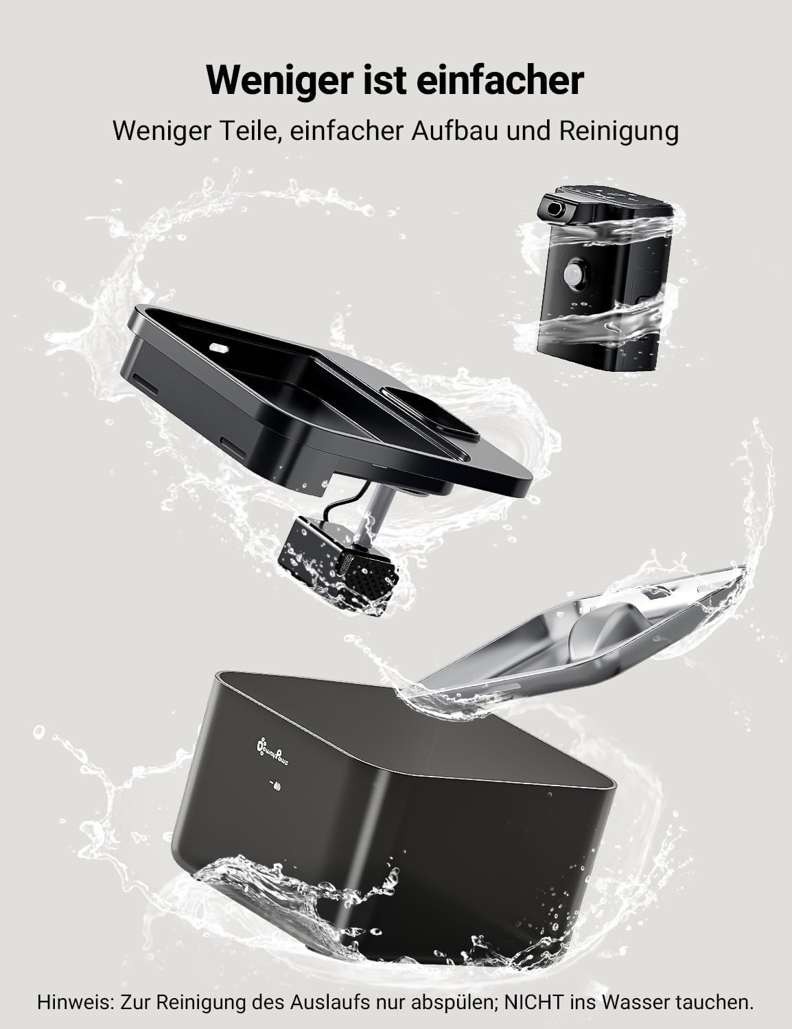 DownyPaws 2.5L Trinkbrunnen für Katze Kabellos, Katzenbrunnen Kabellos mit Bewegungsmelder, Batteriebetrieben Katzentrinkbrunnen, 4000mAh, Leise Wasserpumpe, Tablett aus Edelstahl für Katze, Schwarz