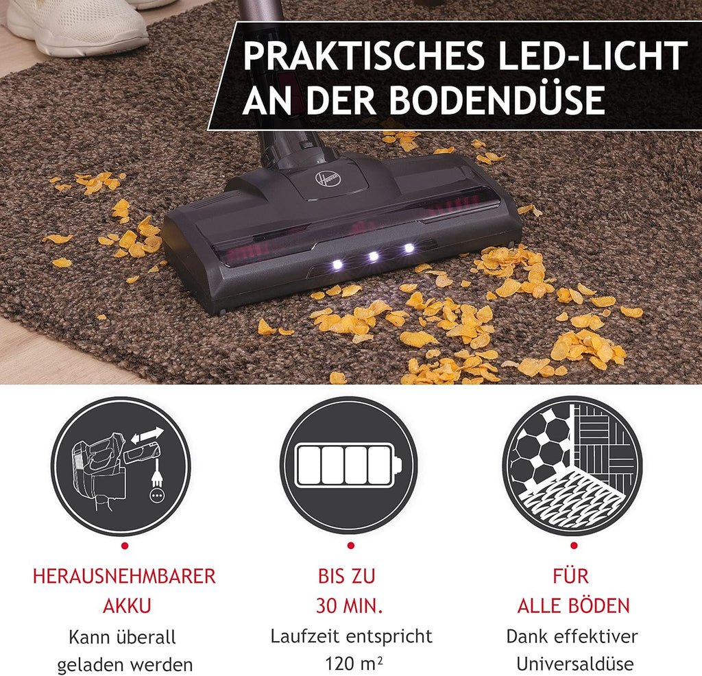 Hoover Akku-Staubsauger ohne Beutel + Tierdüse I bis zu 120 m mit 1 Akkuladung I Staubsauger kabellos mit LED, XL Staubbehlter & Parkfunktion I Akkusauger mit Fugendüse & Staubbürste [HF110P]