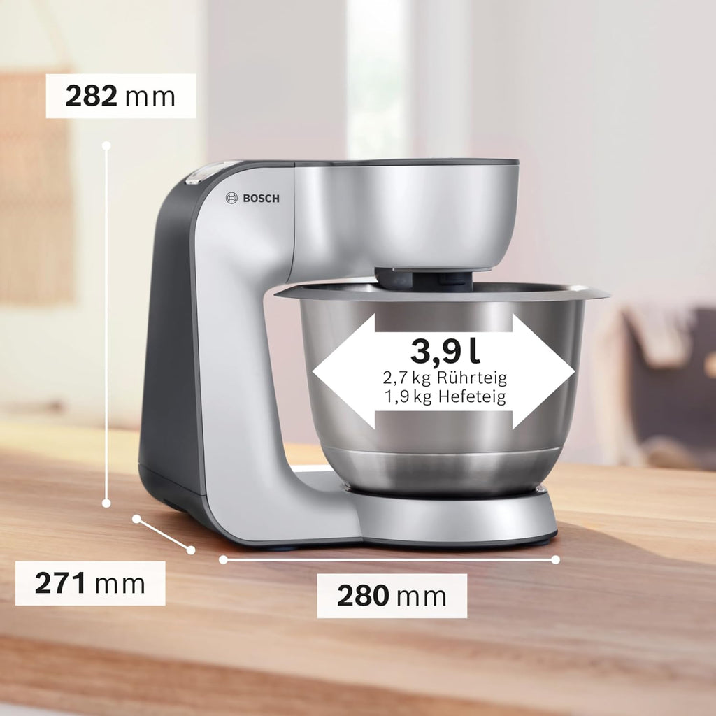 Bosch Robot da cucina Serie 4 MUM56340, Ciotola 3,9 L, Frullatore 1,25 L, Tritacarne, Spremiagrumi, Movimento planetario, Gancio impastatore, Frusta, Sbattitore, Taglierino continuo, 3 dischi, 900 W, Argento/ Grigio
