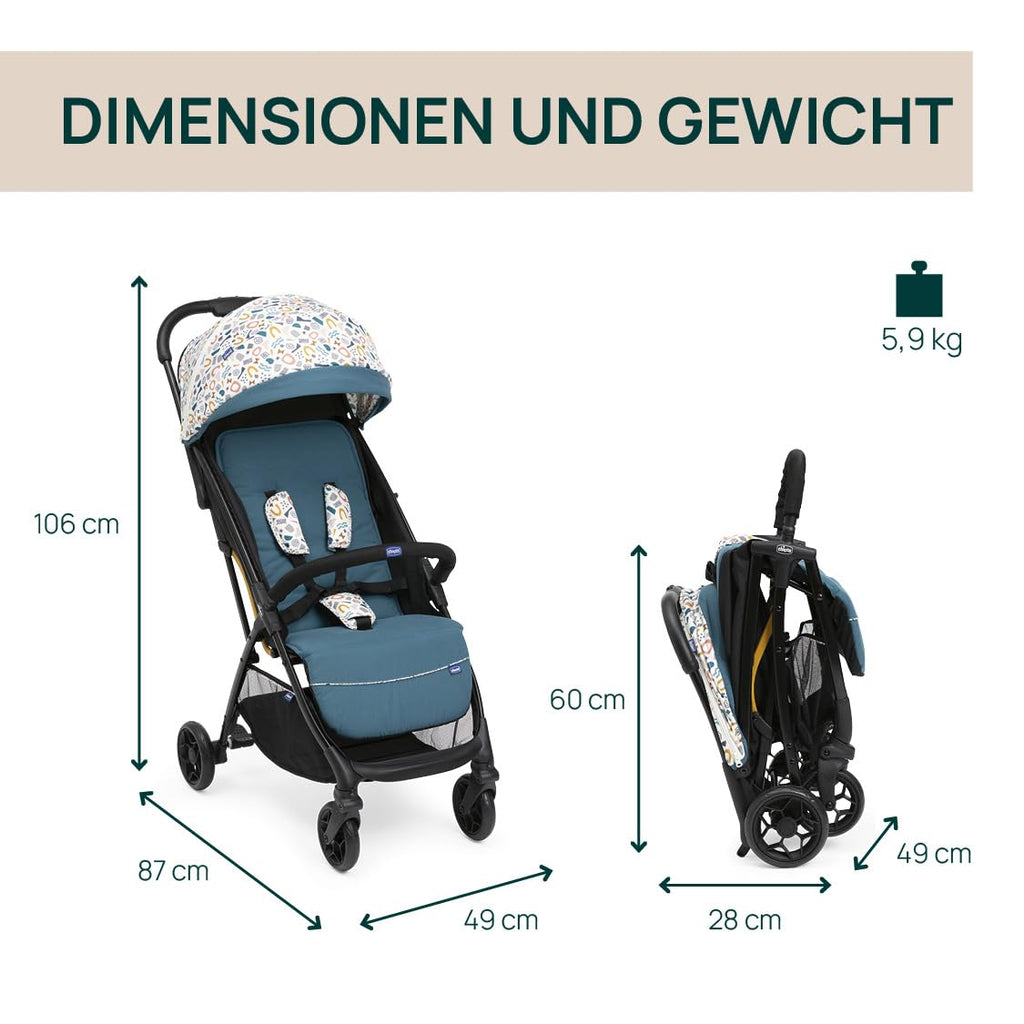 Chicco, Glee, Kinderwagen ab 0 Monate bis 4 Jahre, mit Automatik- und Kompaktverschluss, Ausziehbares Verdeck mit Lichtschutzfaktor 50+ und Regenschutz, 3-stufig verstellbare Rückenlehne, Beinauflage