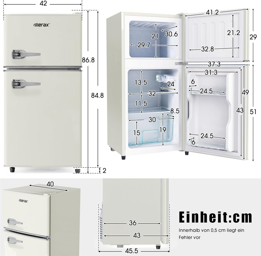Merax Frigorifero con Congelatore, Frigorifero Combinato, Piccolo Frigorifero con 51L e Congelatore 21L, Silenzioso, LED, Ripiani in Vetro, Cassetto Verdura, Balconcini, per Cucina, Soggiorno, Ufficio, Nero
