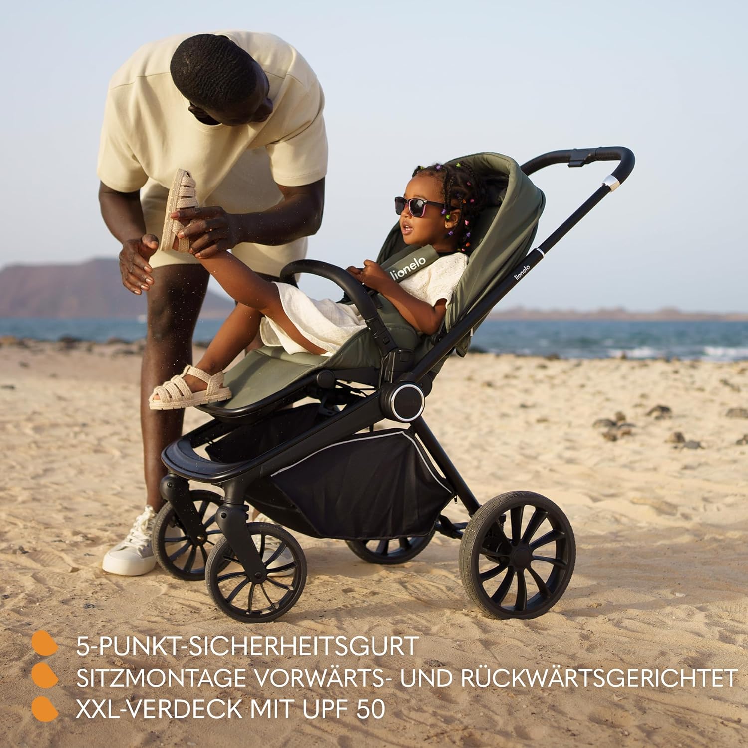 Passeggino LIONELO MIKA PLUS 3-in-1, da 0 a 48 mesi, fino a 22 kg, navicella fino a 9 kg, seggiolino auto fino a 13 kg, schienale regolabile, ammortizzazione, ruote a 360°, cappottina XXL