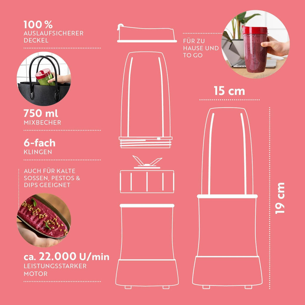 GOURMETmaxx Frullatore per Smoothie e Frullatore a Immersione Set da 18 pezzi - 400W | Frullatore Elettrico da 750ml, Mixer con 4 Bicchiere To-Go, 2 Lame, Spremiagrumi, Piedistallo e Coperchio | Lavabile in Lavastoviglie, a Prova di Perdite e Senza BPA
