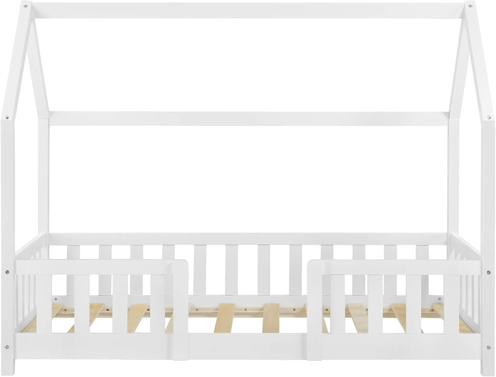 [en.casa] Letto per bambini Sisimiut a capanna 80 x 160 cm con protezione anticaduta letto in legno per bambini letto a terra rete a doghe in legno di pino Bianco opaco