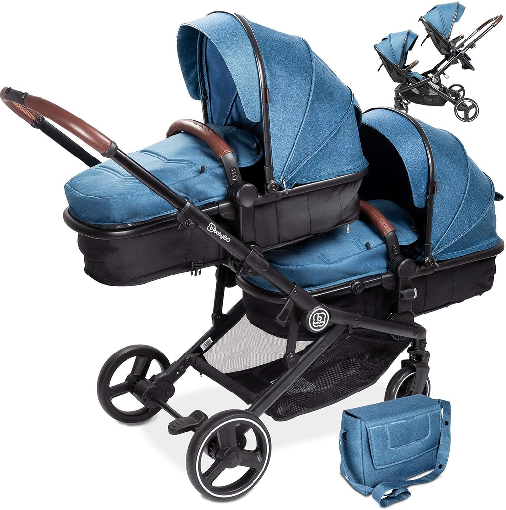 babyGO Passeggino 3 in 1 per gemelli - Passeggino fratellare/Passeggino per fratelli per neonati - Passeggino gemellare/Passeggino per 2 bambini con molti accessori (Blu Melange-senza ovetto)