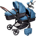 babyGO Passeggino 3 in 1 per gemelli - Passeggino fratellare/Passeggino per fratelli per neonati - Passeggino gemellare/Passeggino per 2 bambini con molti accessori (Blu Melange-senza ovetto)