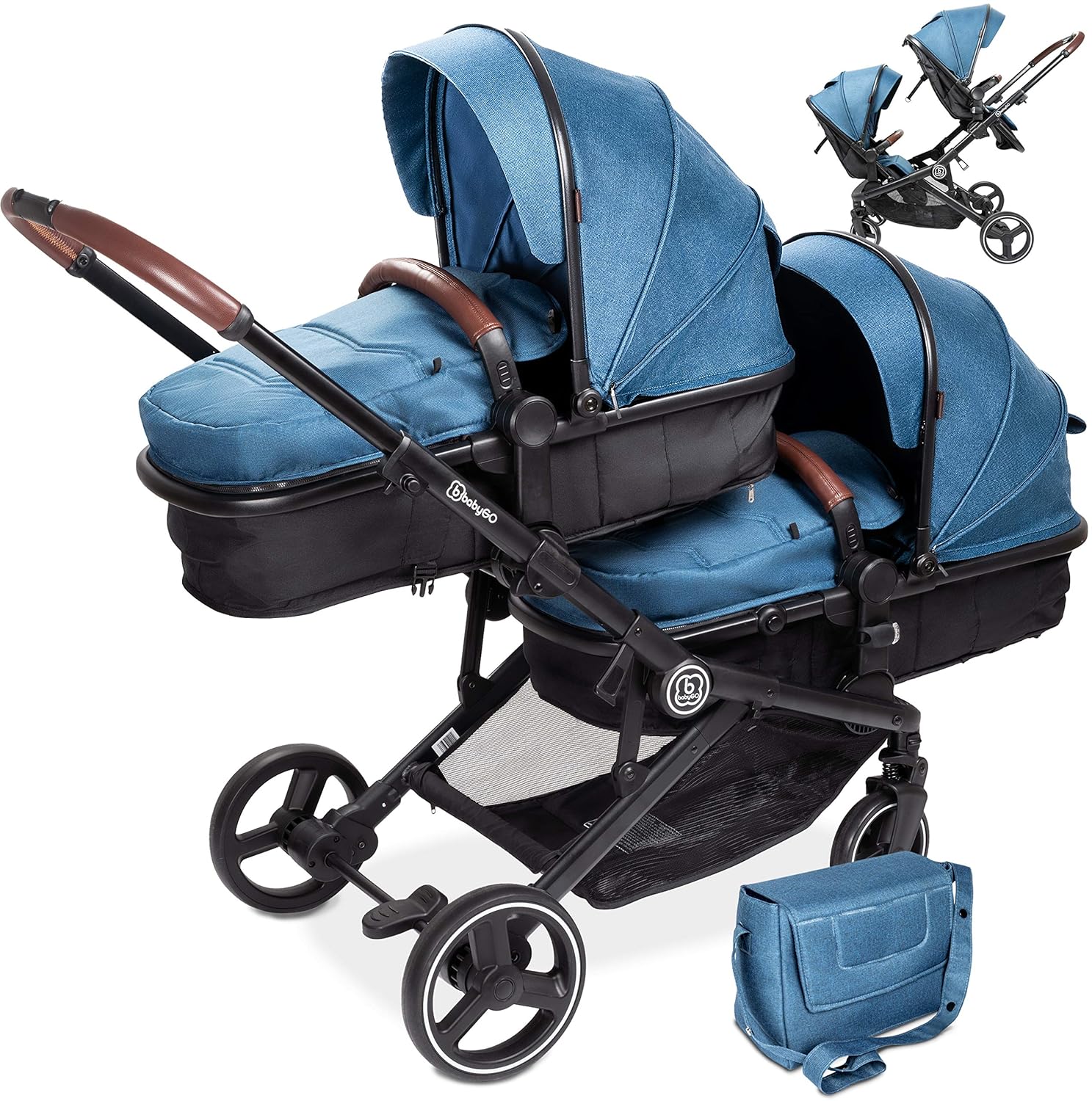 babyGO Passeggino 3 in 1 per gemelli - Passeggino fratellare/Passeggino per fratelli per neonati - Passeggino gemellare/Passeggino per 2 bambini con molti accessori (Blu Melange-senza ovetto)