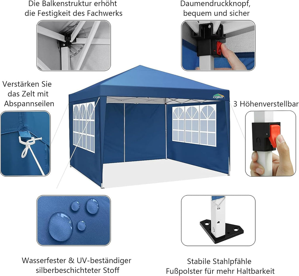 COBIZI Gazebo Pieghevole 3x6 Impermeabile Stabile con 6 Pareti Laterali, Tenda a Padiglione con Tetto a Punta, 3 Altezze Regolabili, Protezione UV, Borsa per Il Trasporto, Picchetti, Corde per Giardino, Matrimoni, Mercati, Eventi all'Aperto