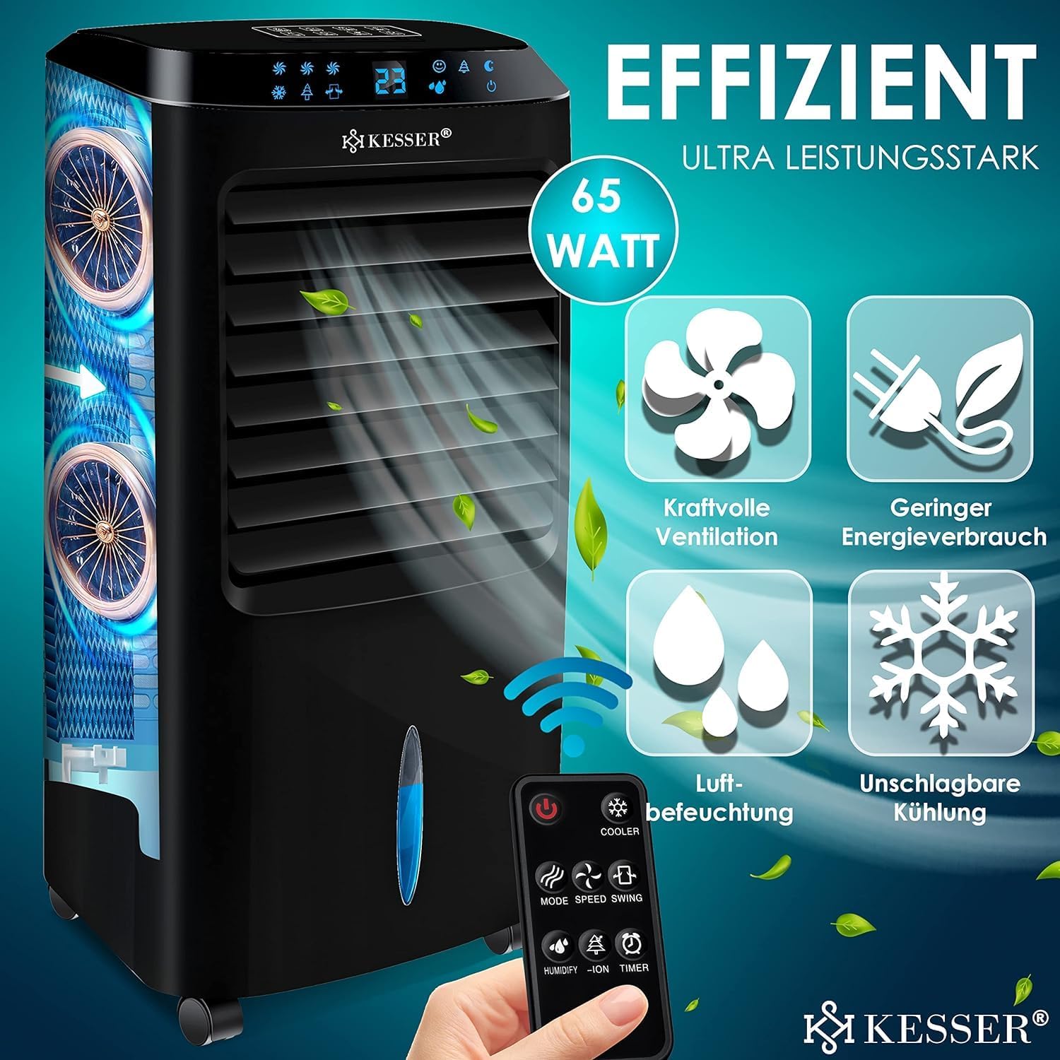KESSER Climatizzatore Portatile 4in1 | Telecomando | Unità di Climatizzazione | Ventilatore per Climatizzatore | Timer | 3 Livelli | Ionizzatore Umidificatore | Raffreddatore d'Aria |