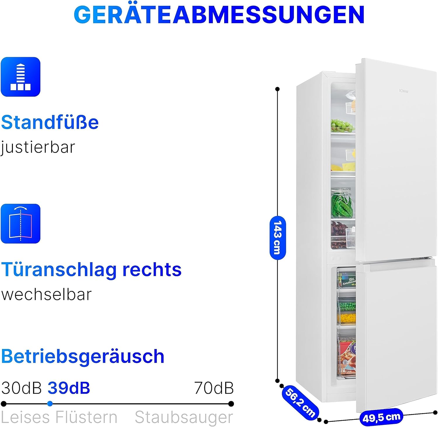 Bomann Frigo-Congelatore KG 320.2, 143 cm di Altezza, Frigo-Congelatore con Capacità 175 Litri, 3 Ripiani e 3 Cassetti, Cerniera della Porta Reversibile, Frigo-Congelatore Silenzioso 39 dB, Nero