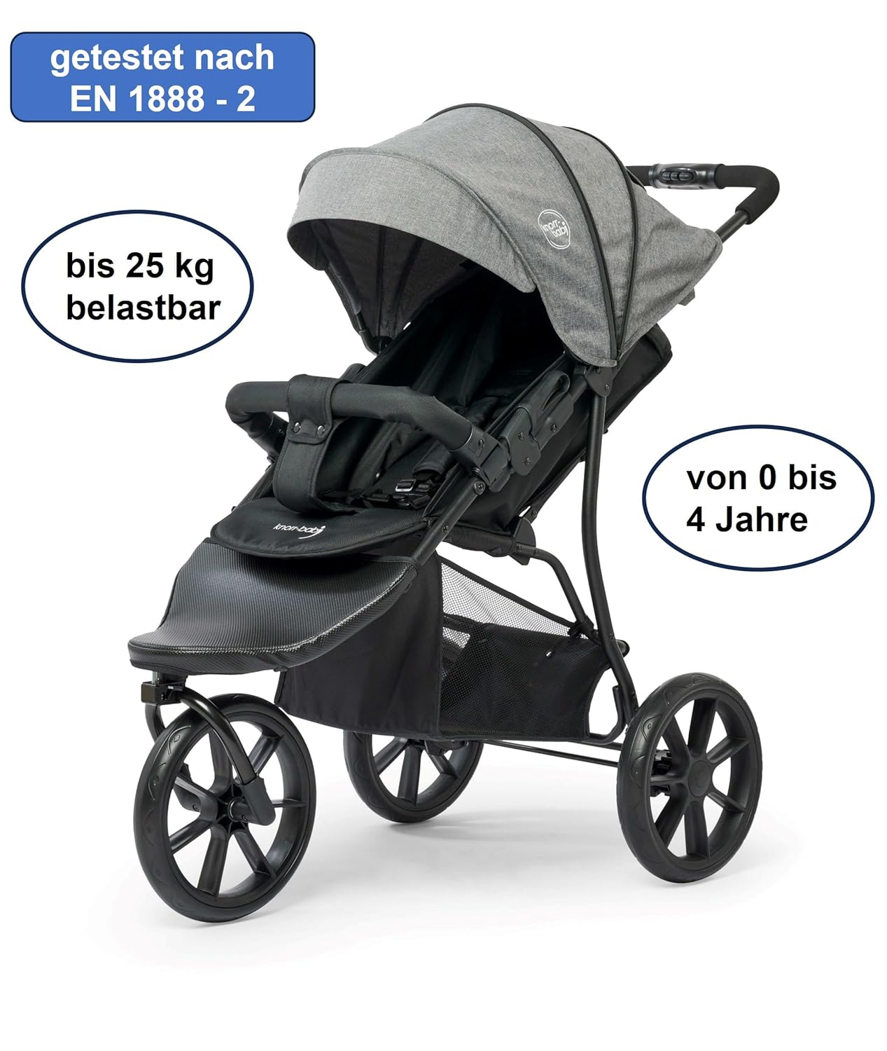 Knorr Baby Joggy S, Babyjogger, Kinderwagen, Jogger, Dreirad, Kinderbuggy mit Einhandfaltsystem, Liegefunktion, Schwenkrad, bis 25 kg belastbar (Sitz 22 kg, Korb 3 kg), klappbar – Grau Melange