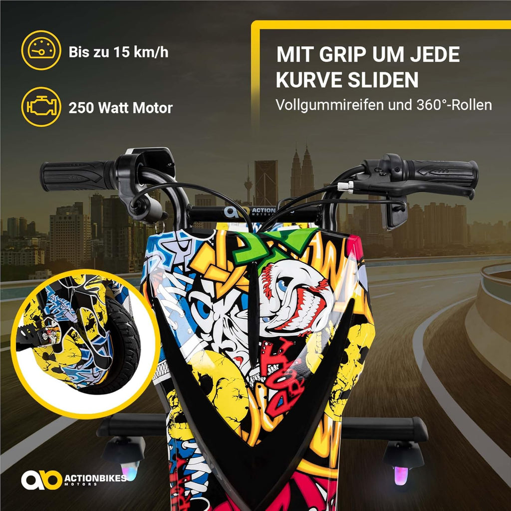 Actionbikes Motors Kinder Elektro Driftscooter | 𝟐𝟓𝟎 Watt Motor - Drift Cart 360°- 3 Geschwindigkeitsstufen - LED-Beleuchtung - Sitz verstellbar - Bluetooth - Drift Kart - Drift Auto (Space Purple)