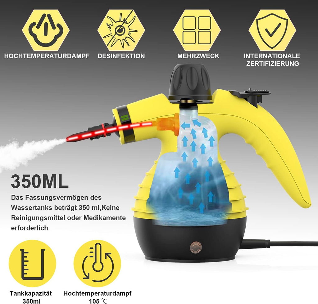 MLMLANT Handgert Dampfreiniger 350ML Wassertank mit Handdampfreiniger Druck mit 9-teiliges Zubehr für, Teppiche,Vorhnge,Autositze,Küche,olstermbel Kleines,Sofa, Steam Cleaner,Dampfente