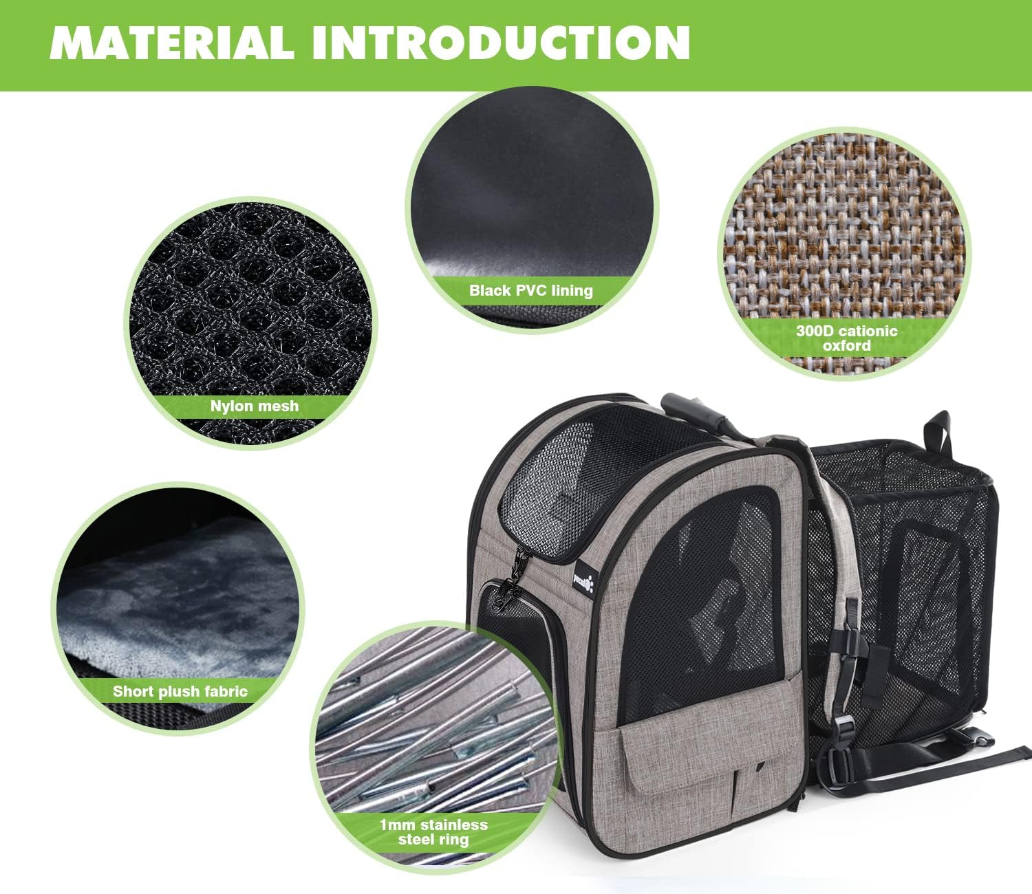 pecute Haustier Rucksack mit Netzfenster, Tragbare und Faltbare Katzentasche, Atmungsaktive und Leichte Hundetasche, Wasserdichtes Oxford-Tuch mit Viel Platz, Multifunktionales Rutschfestes Grau XL