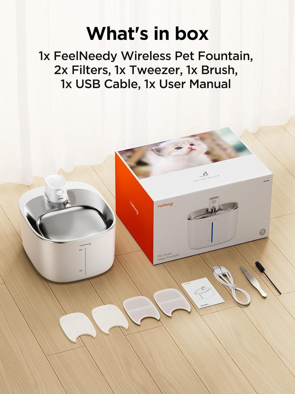 Fontana per Gatti Senza Fili con Sensore di Movimento a Batteria da 4000mAh, Fontana d'Acqua Silenziosa da 4L FEELNEEDY con Sensore di Movimento per Gatti e Cani Piccoli, Vasca d'Acqua in Acciaio Inossidabile, 2 Filtri