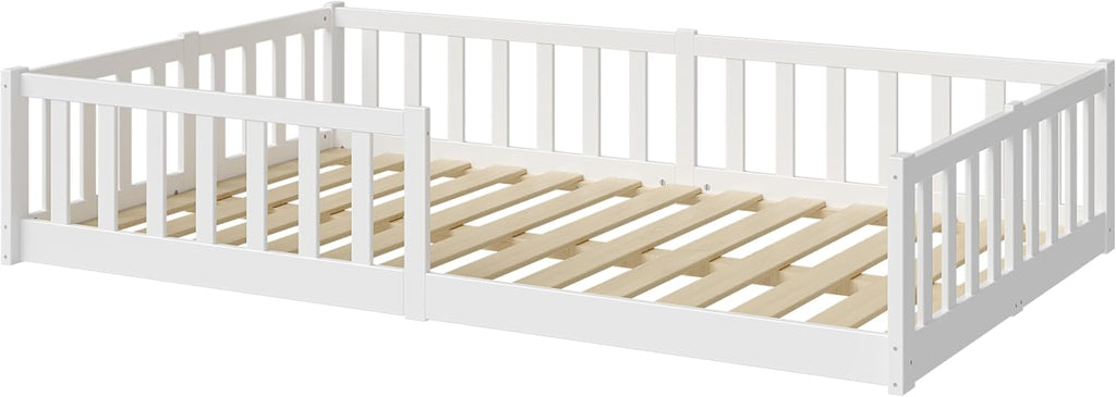 Bellabino Vere Letto a Pavimento 140x200 Montessori, Letto Matrimoniale con Protezione Anticaduta e Rete a Doghe, Letto per Bambini e Bambine in Legno Massello di Pino Bianco con Sbarre