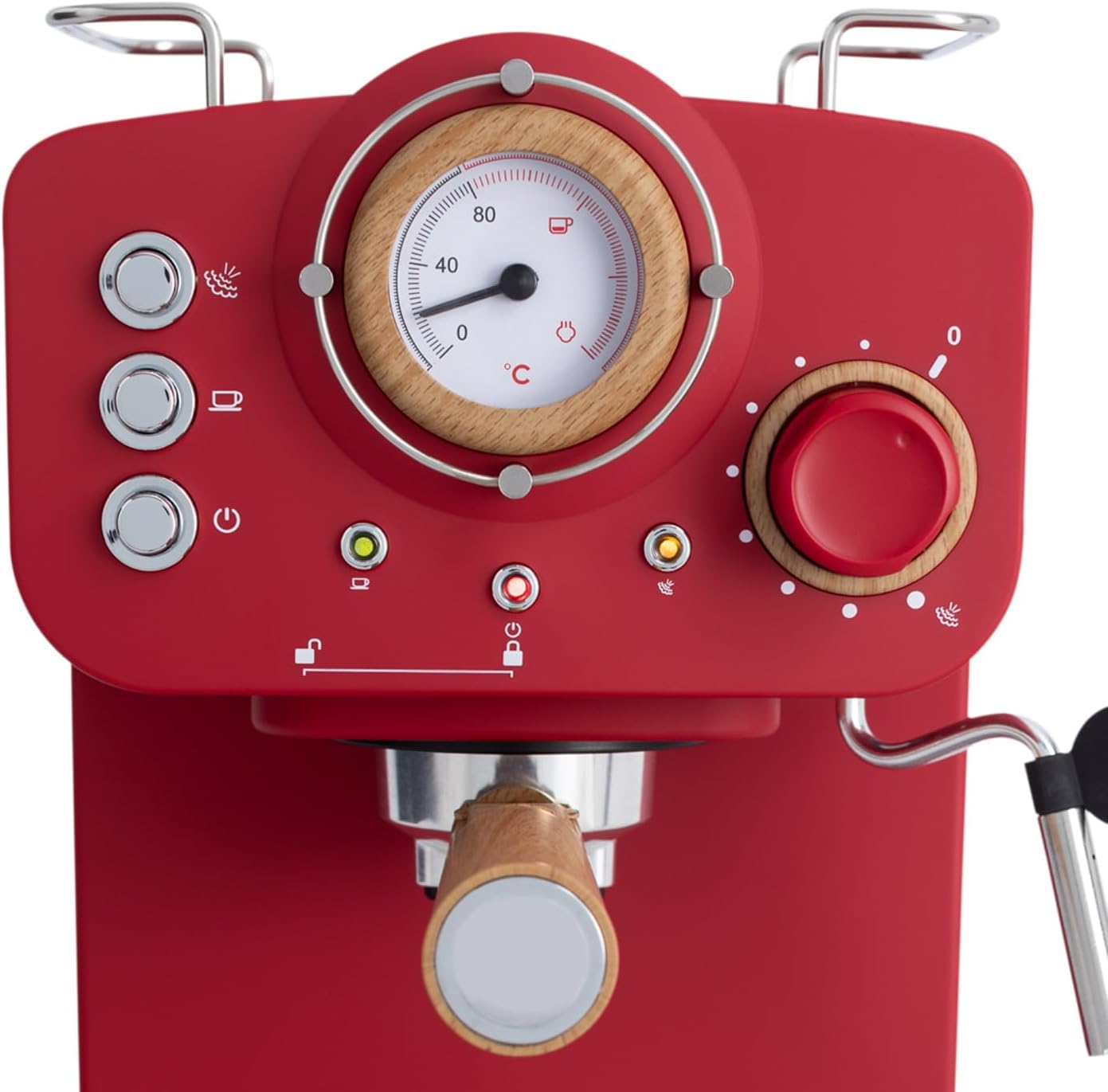 CREATE / THERA RETRO/Macchina da caffè espresso semiautomatica Rosa Pastello Opaco e Legno / Pompa a pressione 20bar, 1100W, Serbatoio acqua 1.25L, per caffè macinato, cialde ESE 55mm, con vaporizzatore, 1100W