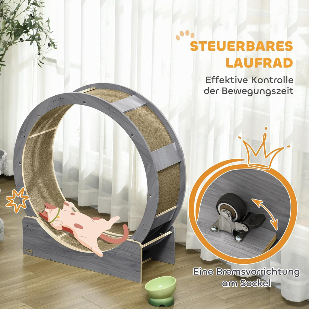 PawHut Katzenlaufrad Laufrad für Katzen 91 cm mit Bremse, Kratzbrett, Katzenrad für gesunde Bewegung, Entspannung, Grau