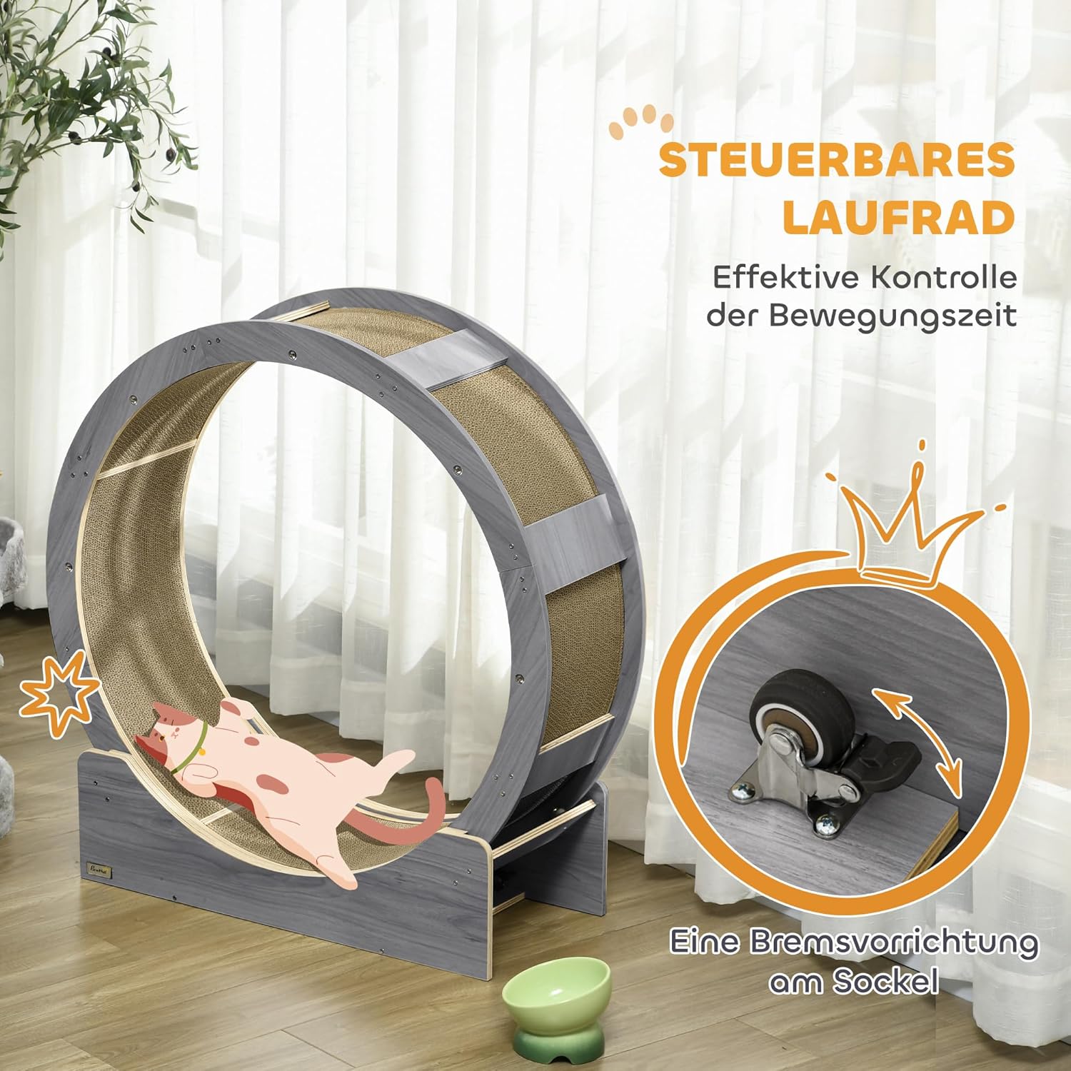 PawHut Katzenlaufrad Laufrad für Katzen 91 cm mit Bremse, Kratzbrett, Katzenrad für gesunde Bewegung, Entspannung, Grau