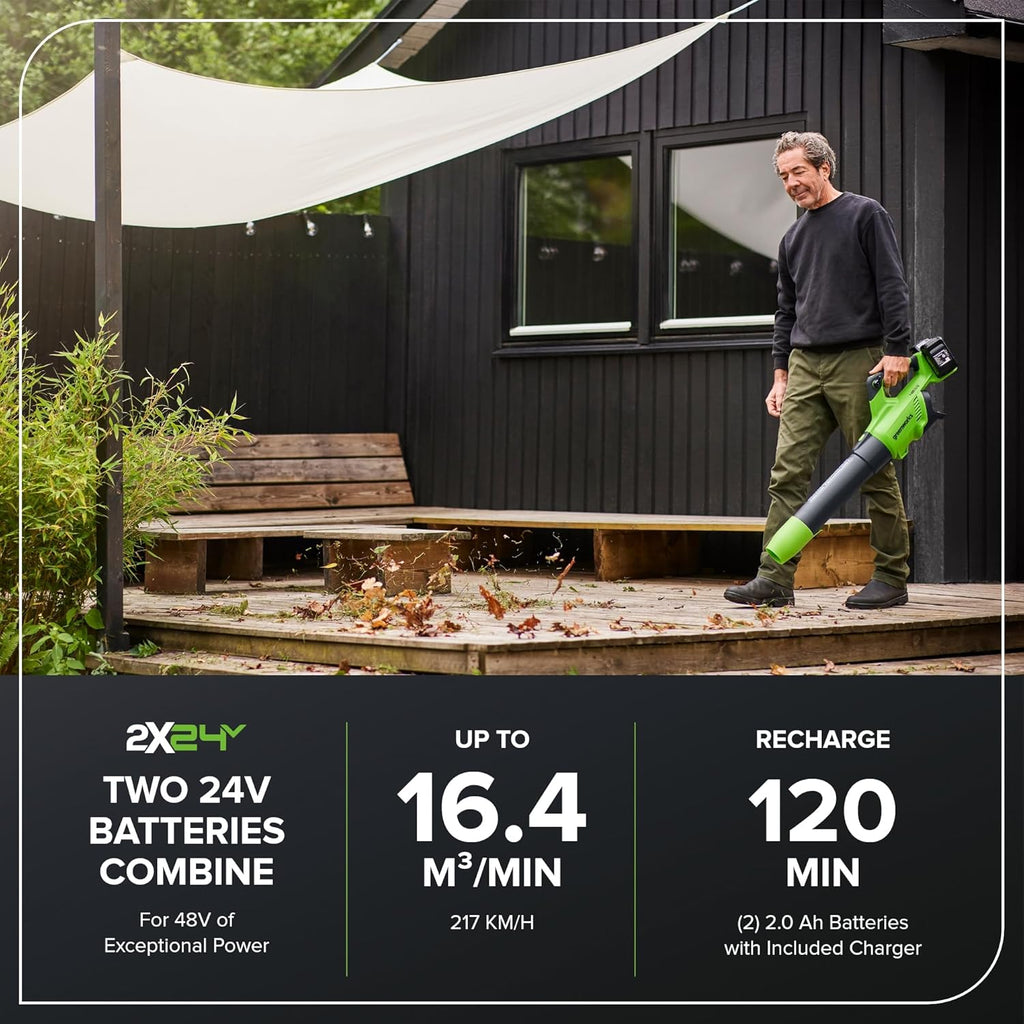 Greenworks Soffiatore assiale a batteria 48V (2x24V) con motore brushless, funzione turbo, 217 km/h, 16,4 m³/min, PIÙ due batterie da 24V 2Ah e caricabatterie, 3 anni di garanzia GD24X2ABK2X