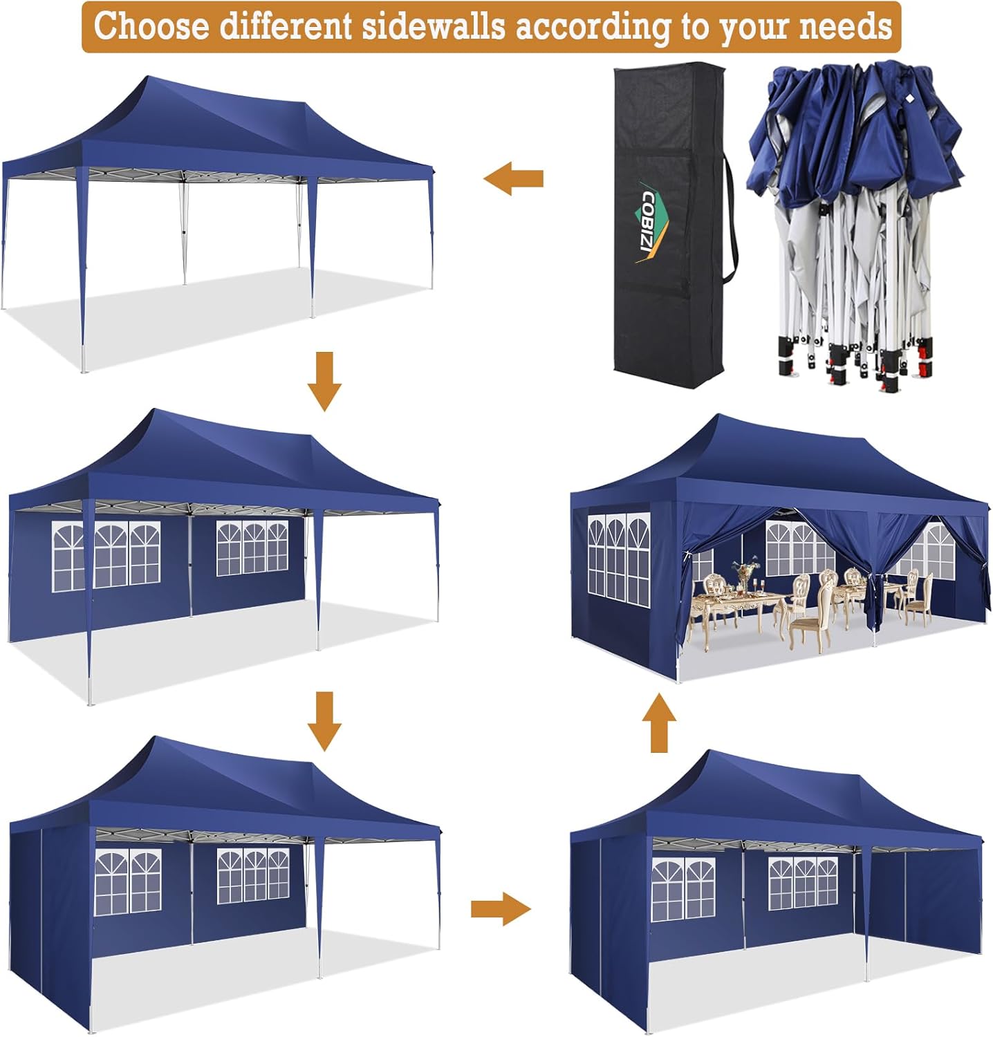 COBIZI Gazebo Pieghevole 3x6 Impermeabile Stabile con 6 Pareti Laterali, Tenda a Padiglione con Tetto a Punta, 3 Altezze Regolabili, Protezione UV, Borsa per Il Trasporto, Picchetti, Corde per Giardino, Matrimoni, Mercati, Eventi all'Aperto