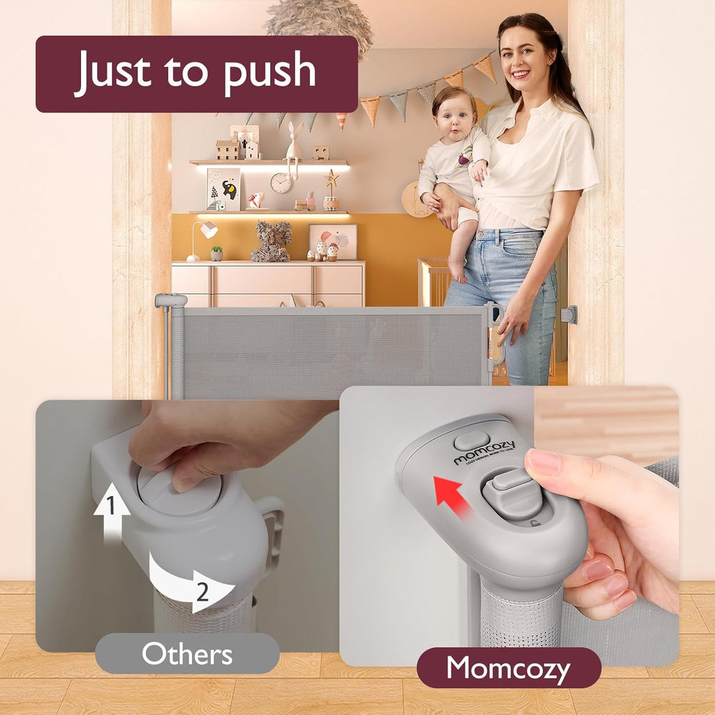 Momcozy Barriera di Sicurezza Retrattile per Bambini (Aggiornata), 0-140 cm, Altezza 83 cm, Cancello di Sicurezza Avvolgibile, Azionabile con Una Sola Mano, Adatta per Scale/Porte/Interno ed Esterno, Grigio