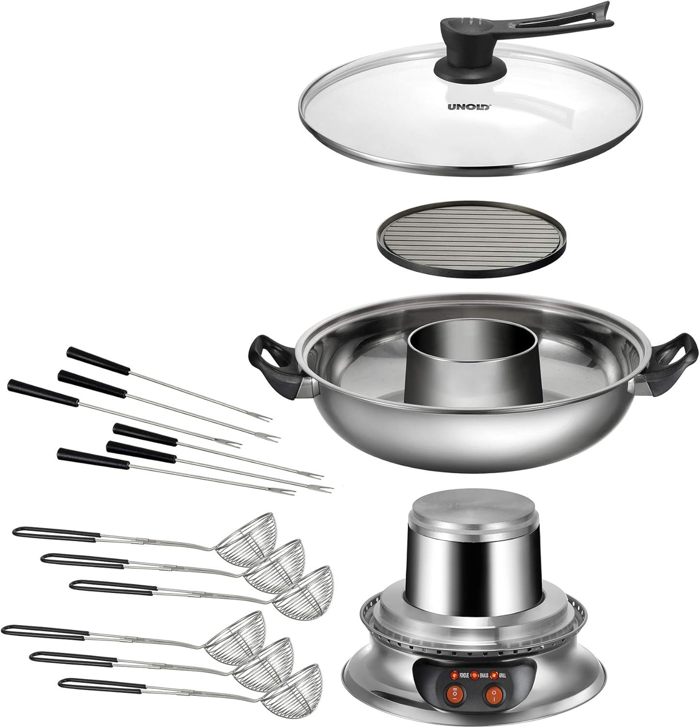 UNOLD 48746 Asia-Fondue - 1.950 W, per 6 persone con 6 forchette e cestelli, con piastra grill rimovibile, coperchio in vetro, pentola per fonduta in acciaio inossidabile, funzione fonduta e grill