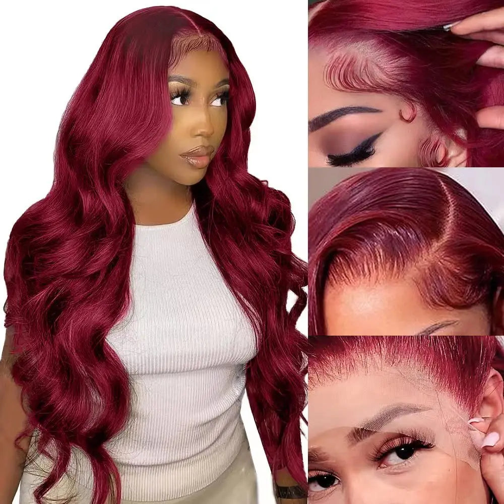 Peruanische Body Wave Spitzenfront-Perücken in Burgunderrot aus Echthaar 99j 13X4