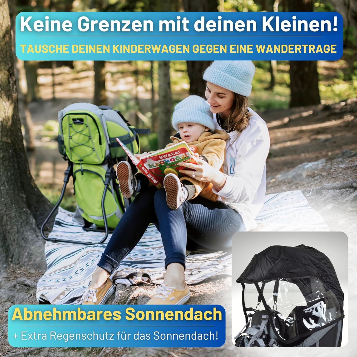 Dromader Kraxe Kindertrage bis 22kg – Kindertrage Wandern mit Sonnendach, Regenschutz, Thermotasche, Wickelmatte – Einhändig klappbare Rahmen – Blau