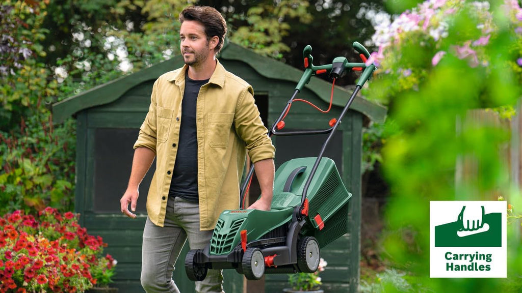 Bosch kabelgebundener Rasenmäher UniversalRotak 34-405 (1300-W-Motor, Schnittbreite: 34 cm, 40-Liter-Grasfangkorb, geeignet für ebenes Rasenmähen und Schneiden kleinster Kanten)