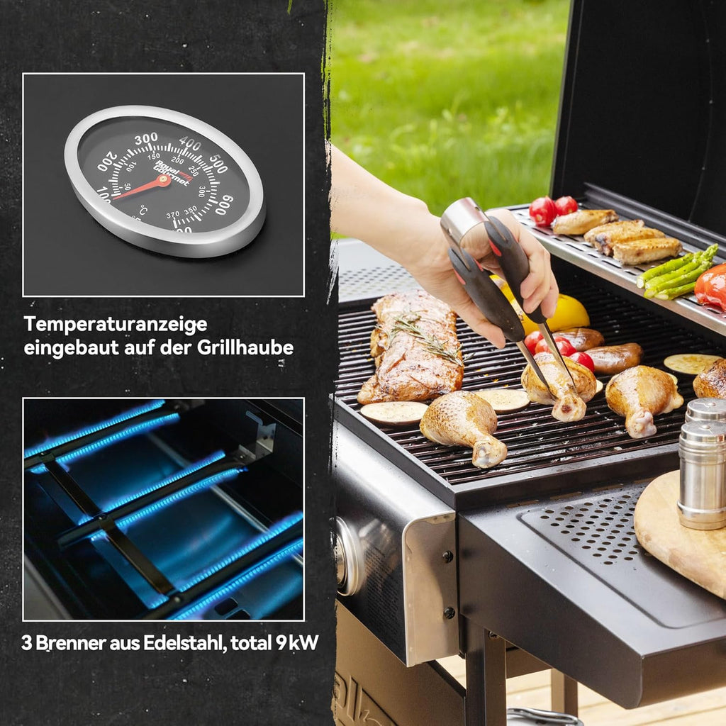 Royal Gourmet Grill a gas carrello 3 bruciatori 9 kW, fornello a gas da campeggio con piastra di cottura, barbecue da giardino con apribottiglie, regolatore di pressione e tubo del gas, griglia di cottura ca. 60 x 42 cm, Nero