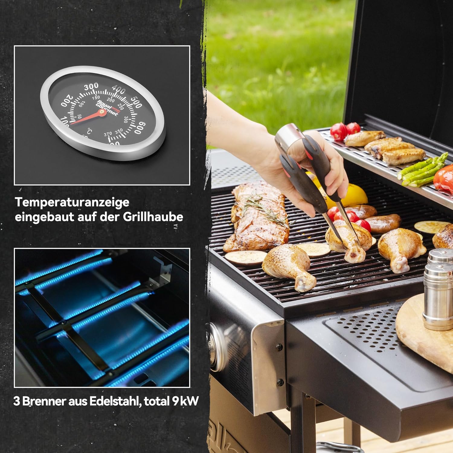 Royal Gourmet Grill a gas carrello 3 bruciatori 9 kW, fornello a gas da campeggio con piastra di cottura, barbecue da giardino con apribottiglie, regolatore di pressione e tubo del gas, griglia di cottura ca. 60 x 42 cm, Nero