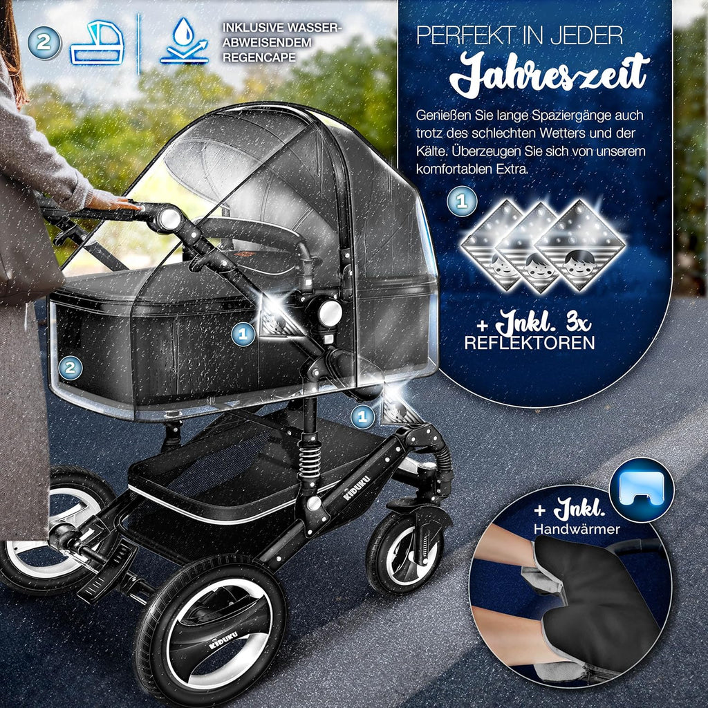KIDUKU® Set completo passeggino 3 in 1 | Set passeggino combinato con navicella e sedile sportivo passeggino e seggiolino auto ovetto sacco a pelo | Ruote in gomma piena borsa per il cambio scaldamani parapioggia tavolino ECE R129