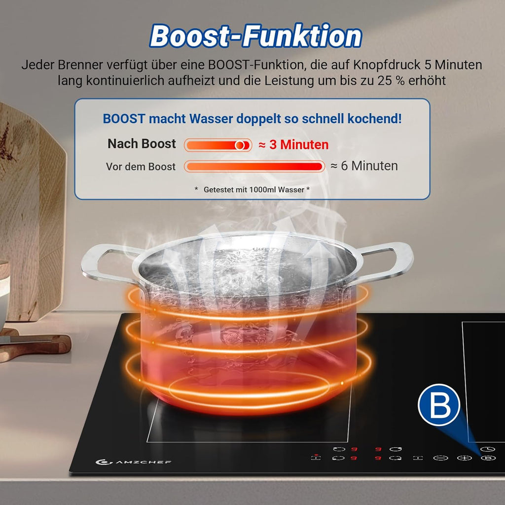 AMZCHEF Induktionskochfeld 60cm mit Zwei Flexzonen, 4 Zonen Induktionskochplatte mit Boost-Funktion und 9 Leistungsstufen, Touch-Bedienung, Timer, Sicherheitsschloss, Überhitzungsschutz, BBQ, 7200W
