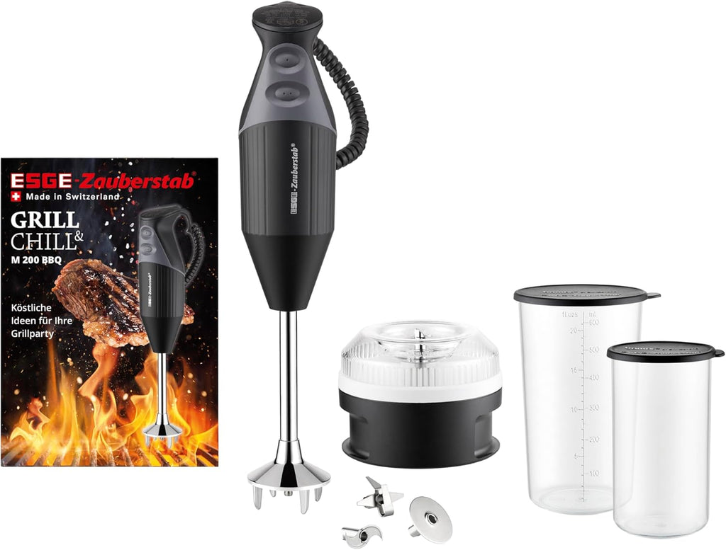 ESGE Zauberstab M 200 BBQ 98215 Frullatore a immersione nero, mixer, frullatore a mano, professionale, incl. accessori, fino a 17.000 giri/min, 200 Watt, design ergonomico dell'impugnatura, doppio interruttore, centratura a innesto, motore AC
