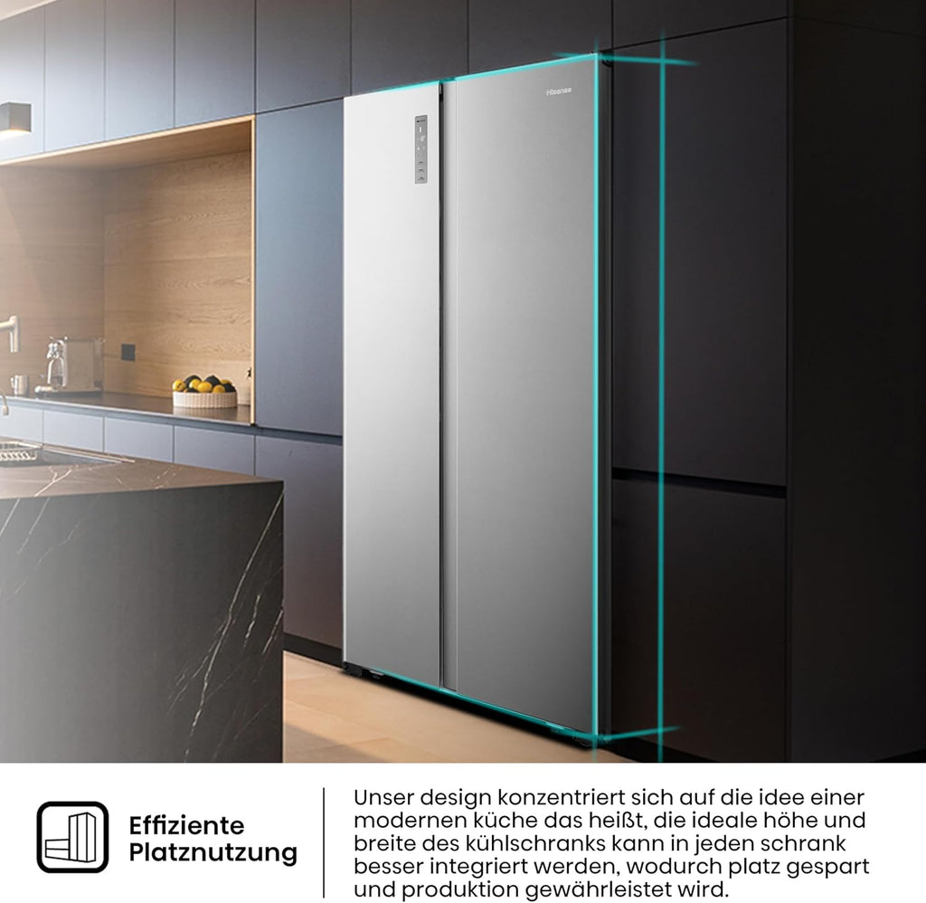 Hisense RS677N4BFD Frigorifero Americano Side by Side / Compressore Inverter / Porta Bottiglie / 2 FreshZone / Vano Verdure / Capacità Frigo 334 L / Capacità Congelatore 185 L / 41 dB / 247 kWh all'anno, Nero