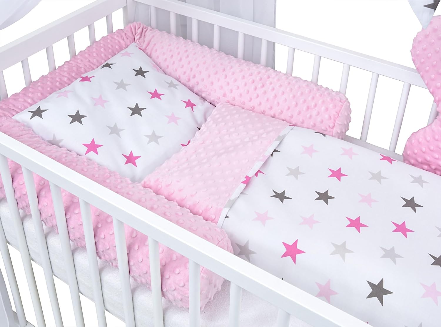 Baby Delux Lettino per Bambini Set Completo Casetta 60x120 cm Bianco con Cassetto Sponda Paracolpi Materasso Biancheria da Letto Set Decorativo (Stelle del Principe)