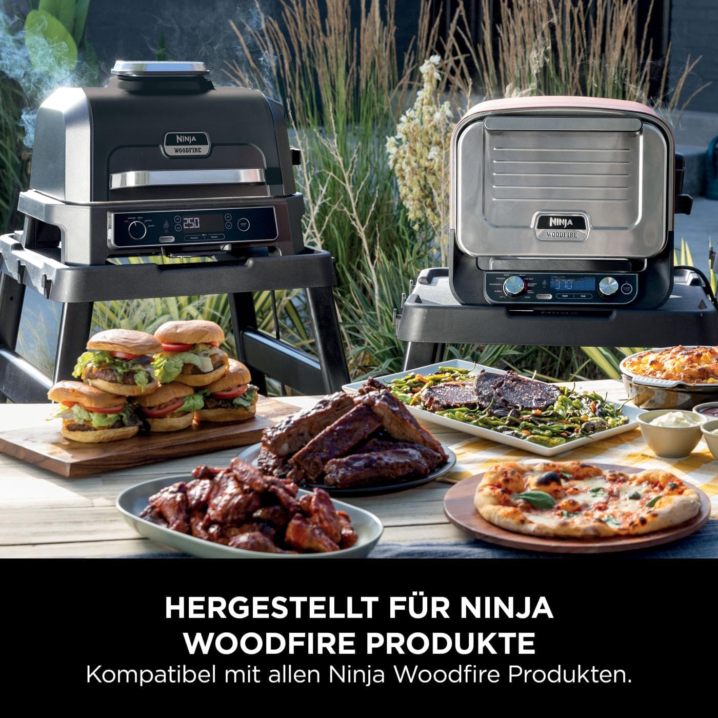 Ninja Woodfire verstellbarer Ständer und Beistelltisch, Außenofen- und Grillständer, robuster Outdoor-Kochtisch und Pizzaofenständer, Schwarz 4718J800EUUK