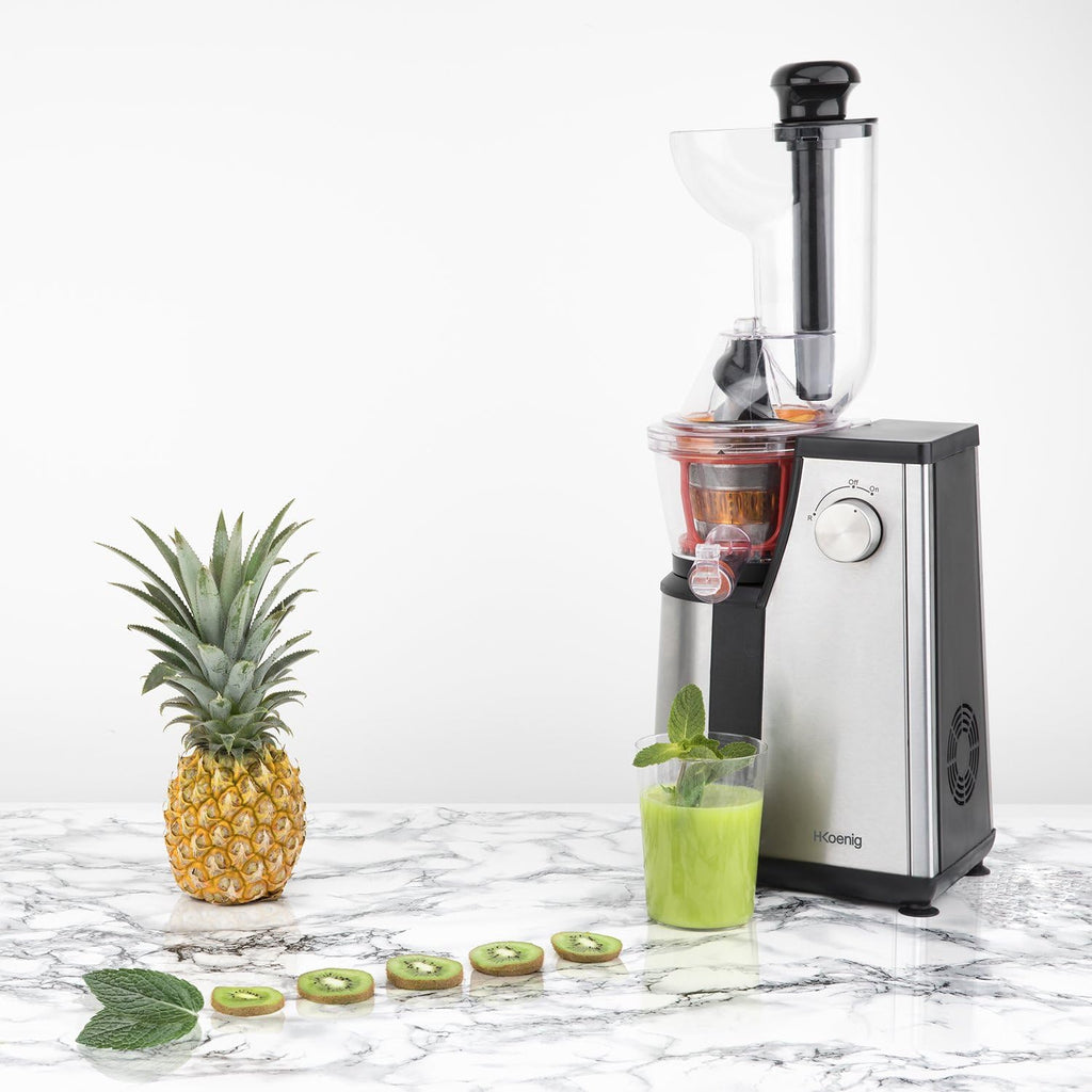 H.Koenig GSX22 Estrattore di succo / 1 L / 3 diversi filtri per sorbetto, succo denso, succo sottile / Contenitore per la polpa / Lavabile in lavastoviglie / Acciaio inossidabile /, Nero