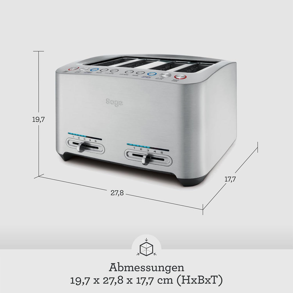 Sage - The Smart Toast - 2-Scheiben - Toaster mit Extra-Breiten Schlitzen - 5 Einstellungen, Schnelle Reinigung, Absenken auf Knopfdruck - Bräunungsgradkontrolle, Liftfunktion - Gebürstetes Aluminium