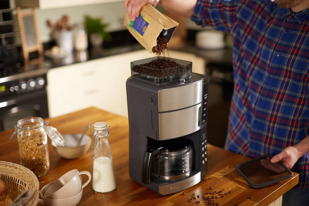 Russell Hobbs Macchina da caffè con macinacaffè integrato, caraffa in vetro [Timer digitale, Doccetta per un'estrazione e un aroma ottimali] Grind&Brew (max 10 tazze, macinatura regolabile in 3 fasi) 25610-56