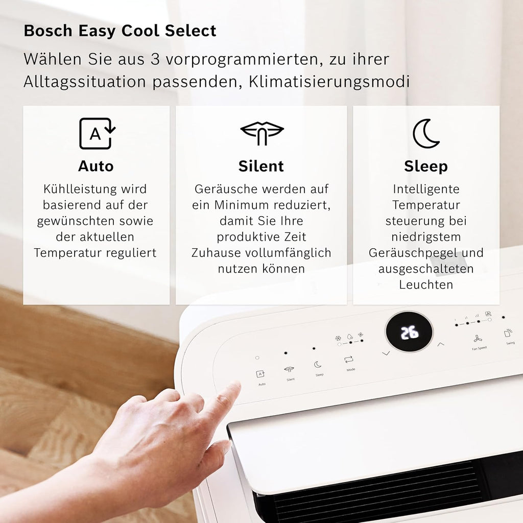 Bosch Cool 4000 Climatizzatore Mobile - 3-in-1: Climatizzatore, Deumidificatore, Ventilatore - 2,6 kW per ambienti fino a 35m² - Con modalità automatica, silenziosa e notturna