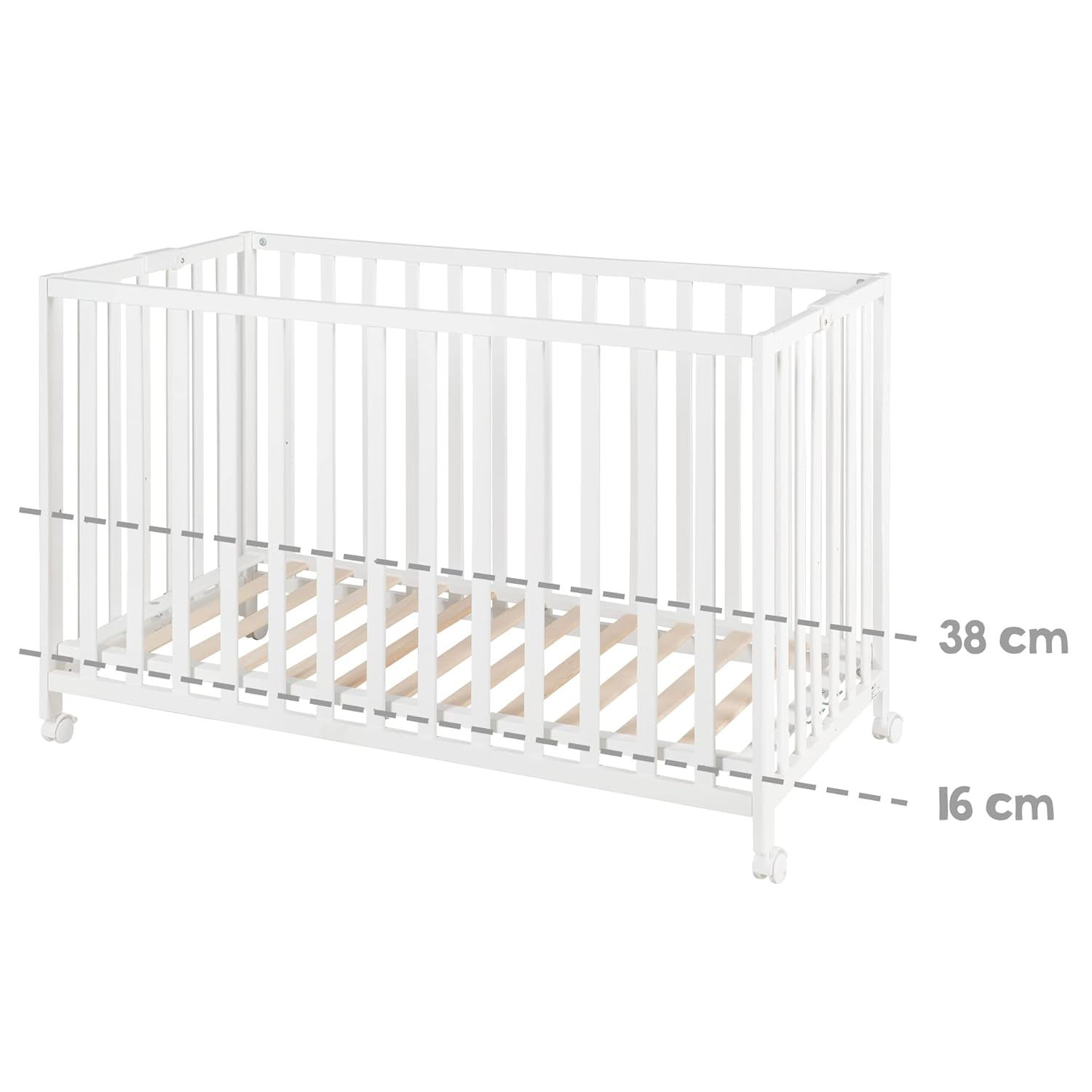 roba Klappbett Fold Up 60 x 120 - Klappbares Babybett aus Holz - 2-fach höhenverstellbar - Platzsparendes Gitterbett auf Rollen - Weiß
