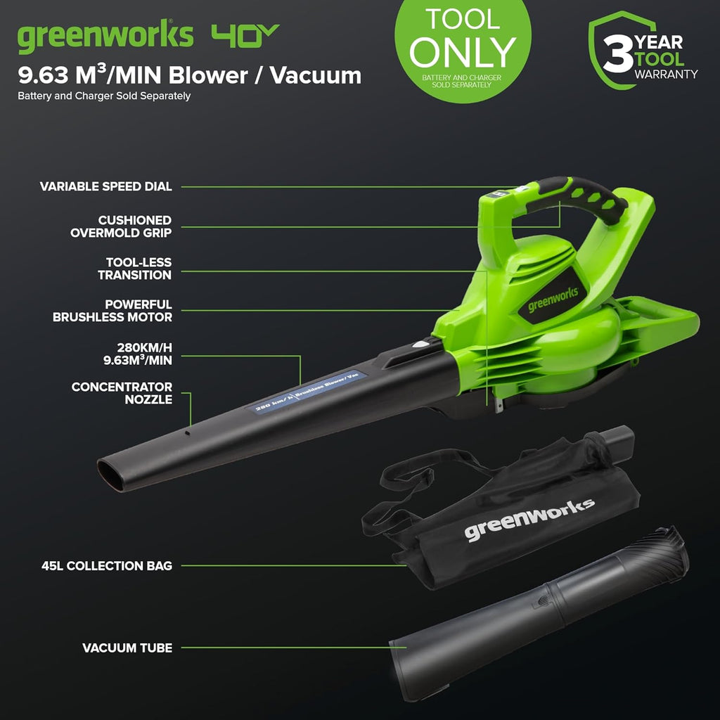 Greenworks 40V Soffiatore Assiale a Batteria con Cruise Control, 177 km/h, 11,05 m³/min, Sacco di Raccolta da 45L, due Batterie da 2Ah e Caricabatterie, 3 Anni di Garanzia GD40BVK2X