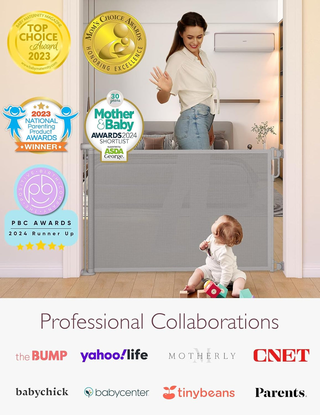 Momcozy Barriera di Sicurezza Retrattile per Bambini (Aggiornata), 0-140 cm, Altezza 83 cm, Cancello di Sicurezza Avvolgibile, Azionabile con Una Sola Mano, Adatta per Scale/Porte/Interno ed Esterno, Grigio