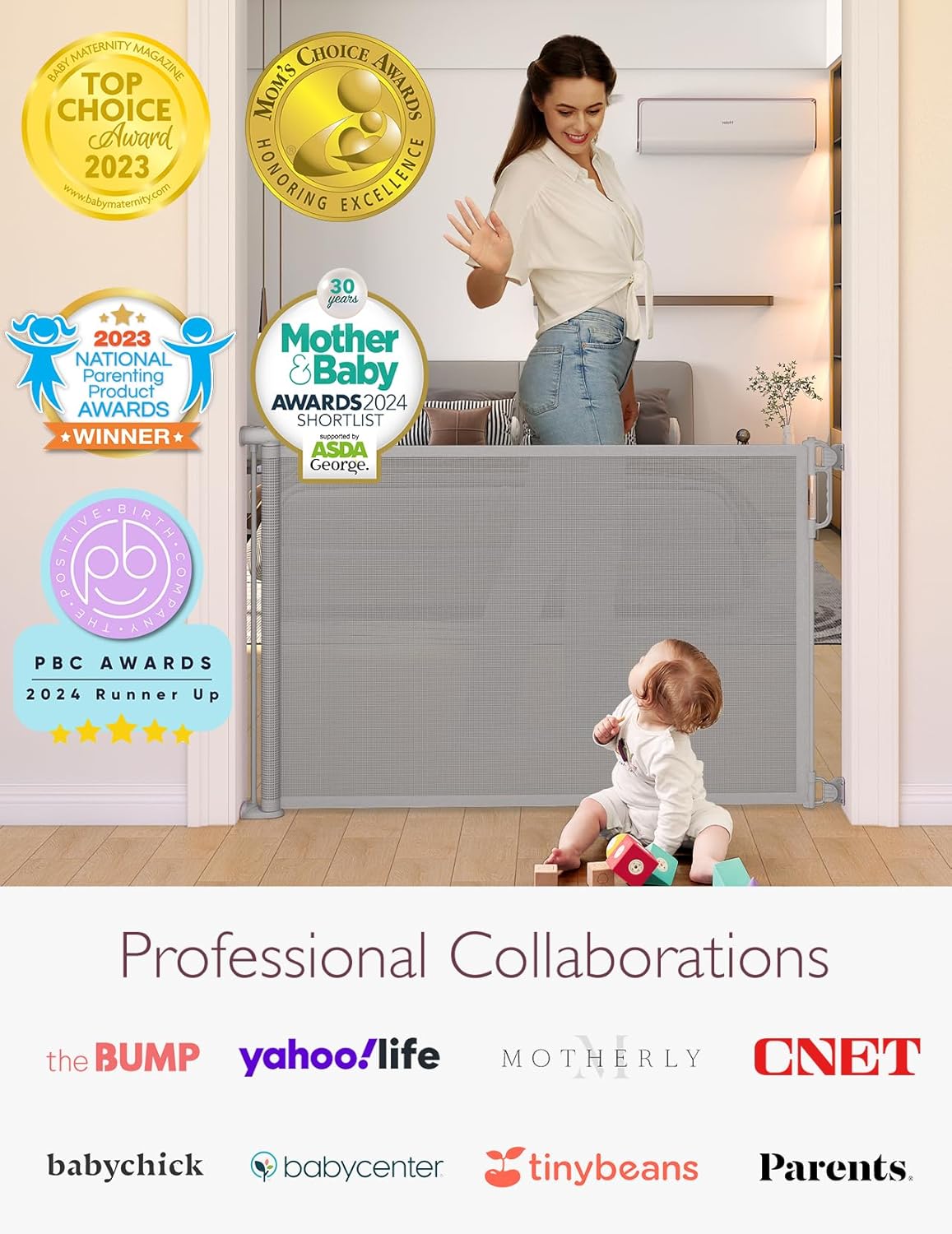 Momcozy Barriera di Sicurezza Retrattile per Bambini (Aggiornata), 0-140 cm, Altezza 83 cm, Cancello di Sicurezza Avvolgibile, Azionabile con Una Sola Mano, Adatta per Scale/Porte/Interno ed Esterno, Grigio